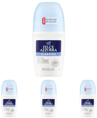 Felce Azzurra - Klassischer Roll-On mit IdraTalc Formel, Wirksamkeit 48 Stunden, hinterlässt keine Flecken - 50 ml (Packung mit 4)