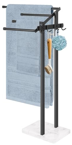 HarJue Towel Rack for Bathroom, 36” H Towel Holder Stand, Bath Towels Sheet Holder with Marble Base, Standing Rack for Home Pool Outdoor Floor, Store Family Member Towels (Black, 36” H-Hooks)