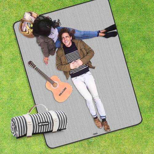 Aenithsy Picnic Blanket Waterproof, 200x150cm Picnic Mat with Carrying Handle, Foldable Washable Beach Blanket for Outdoor Activities, Park, Camping, Hiking(Blue Stripe)