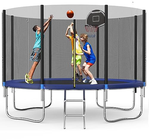 Redkid, Trampolin Outdoor Ø 305/366 cm, Kindertrampolin Gartentrampoline mit Sicherheitsnetz, Leiter, Basketballkorbbrett,Belastbarkeit 440 Pfund,Blau (10FT-1(305cm))