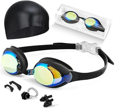 Hurdilen Kids Swim Goggles, Anti-fog and UV Protection with Swimming Cap for Age 3-15 Youth Boys Girls Toddler (Black)