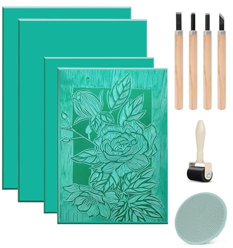 Blleshelfl Linolplatte Linoldruck Set, Linolschnitt Werkzeug 9 Stück Gummistempel, Schnitzblöcke A4 A5 A6, Weichgummi Linoldruck Placas