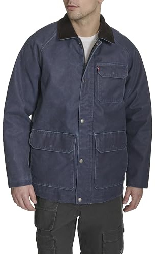 Levi's Men's Cotton Barn Jacket with Corduroy Collar, Navy Wax Look, Large