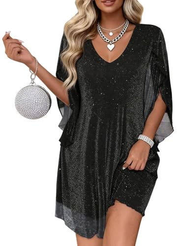 Gettalocky Black Sequin Cocktail Dress Women with 3/4 Chiffon Sleeve V Neck Double Layer Tunic Flowy Party Dress,GT00427-Black,L