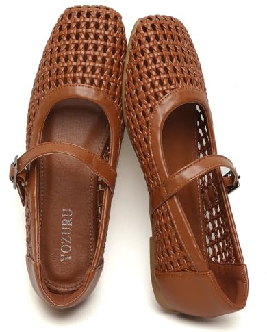 Yozuru Womens Woven Ballet Flats Mesh Mary Jane Shoes Dressy Squared Toe Comfortable Buckle Strap Casual Leather Flats for Women Brown