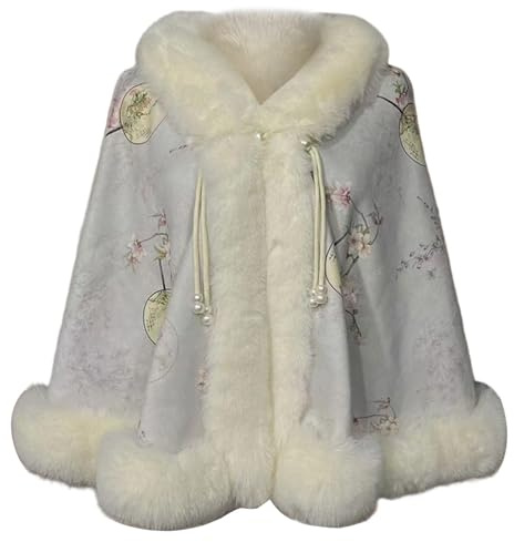 Poncho da donna elegante stile cinese mantello con motivo floreale, in pelliccia sintetica, mantello invernale caldo, per matrimonio, sera, sposa, cardigan, casual, avvolgente, O viola, Taglia unica