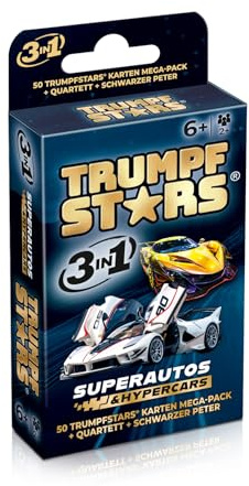 TRUMPFSTARS Superautos & Hypercars 3-i-1 kortspel – Trumpf Quartet Pierre Noire – 50-kort Mega Pack – Kortspel för bilar från 6 år – För 2 eller fler spelare – Plastfri förpackning