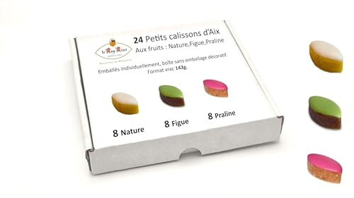 LE ROY RENÉ Epicerie Fine - Petits Calissons d’Aix emballés individuellement. Boite carrée sans emballage décoratif, format vrac - Saveur : (8 Nature, 8 Figue, 8 Praline : 143g)