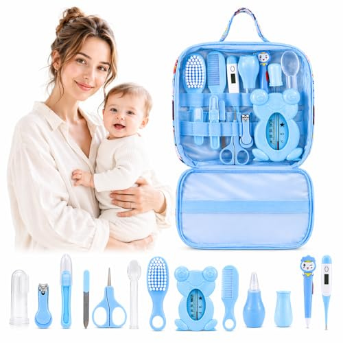 Baby Pflegeset Neugeborene, Baby Pflege Set mit 13 Zubehörteilen, Baby Pflegetasche mit Bürste, Thermometer, Nagelpflege Set für Babys und Neugeborene, Blau