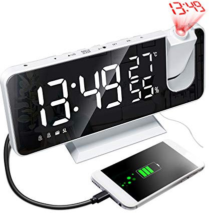 Kavolet Réveil à Projection numérique 4 en 1, Horloge de projecteur à 180 degrés, avec Surface de Miroir, Moniteur d'humidité température/Radio FM/Chargeur de téléphone/Affichage à LED/℃ / ℉