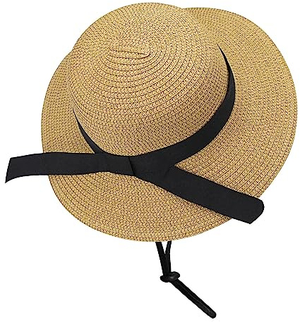 KorhLeoh Girls Straw Sun Hat Floppy Wide-Brim Summer Beach Hat with Bow 2-17t Khaki