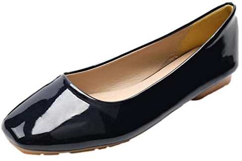 ANUFER Women's Ballet Flats Square Toe Microfiber Leather Slip-on Dress Pumps Shoes Navy Patent SN0707127 UK5.5