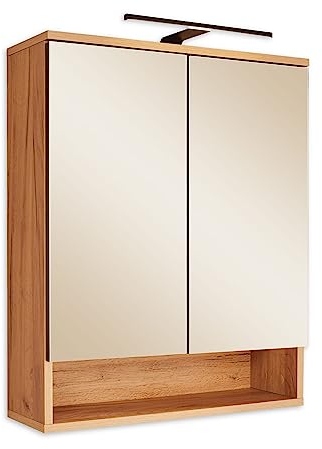 RIOM Spiegelschrank Bad mit LED-Beleuchtung in Artisan Eiche Optik - Badezimmerspiegel Schrank mit viel Stauraum - 60 x 75 x 22 cm (B/H/T)