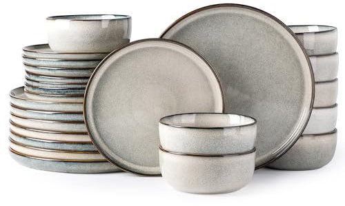 GBHOME Ceramic Dinnerware Sets for 8, 24 Pieces Stoneware Plates and Bowls Sets, Scratch Resistant Dishes, Dishwasher & Microwave Safe, Reactive Glaze-Green Wheat