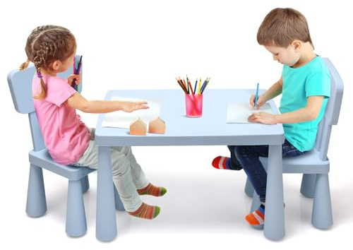 FANTASK Set di 3 seggiolini per bambini, tavolo per bambini, tavolo per bambini con 2 sedie, mobili per bambini in plastica, set da tavola per asilo e cameretta (blue)