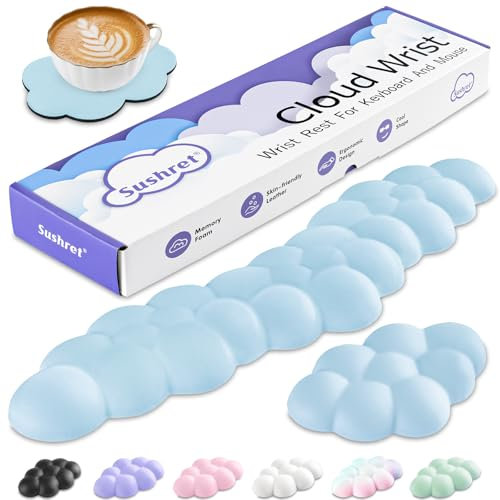 Sushret Cloud Wrist Rest Keyboard and Mouse Set, PU Leather Memory Foam Wrist Support Keyboard, Cute Cloud Arm Rest Pad & Palm Cushion, PC/Gaming Desk Accessory for Office, Computer Setup, Blue