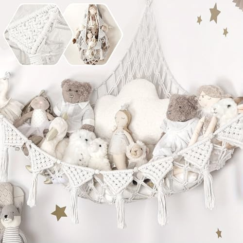 Lunriwis gosedjur förvaring nät, boho makramé mjukisdjur leksak förvaring hängande väska, förvaring gosedjur lagring nät leksaksförvaring barnrum snövit