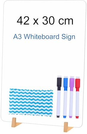 GUOKOFF Tableau Blanc A3, 42 x 30cm, Lot of 2 Tableau Blanc Double Face avec Supports en Bois, Tableau blanc pour Table, Whiteboard pour Bar Café Mariage