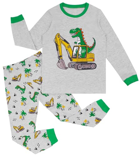 Hoseay Pigiama Ragazzi, Cotone Manica Lunga Bambini Maglietta e Pantaloni Pigiamas, Morbido 2 Pezzi Abbigliamento da Notte, Carino Grigio Trattore Dinosauro Vestiti per Ragazzo 4-5 Anni