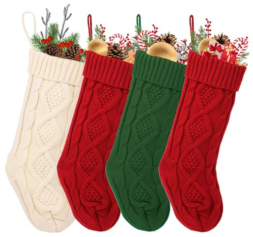 Hiyouer 4PCS Knit Christmas Stockings, 18 Inch Large Xmas Hanging Stockings for Fireplace, Double-Sided Design (2 Red+1 Green+1 White) for Festive Home and Tree Decor