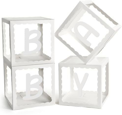 Decoración Baby Shower Cajas Niña Niño – 4 Cajas Transparentes para Globos con Delicado Borde de Encaje, Letras BABY, Cajas Baby Shower para Fiesta, Cumpleaños, Gender Reveal (Encaje pequeño)