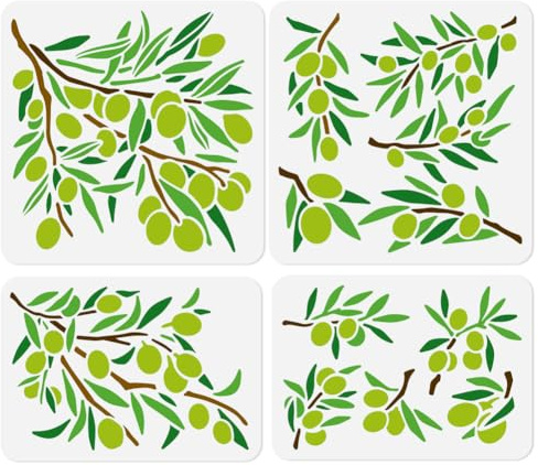 DOODLREAM 4Pcs Olive Tree Branch DIY Painting Stencils for Wall Home Decor | Green Leaf Floral Stencil Set, Reusable Paint Templates for Wood Burning Canvas Journal Window Craft
