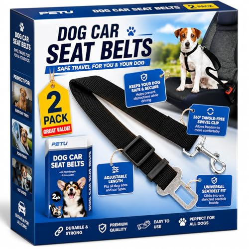 2 Pack Adjustable Dog Car Seat Belts, 45–71cm Durable Nylon Pet Safety Harness Seat Belt with Heavy Duty Metal Clip, Secure & Comfortable Dog Seatbelt Leash for Cars, Travel & Road Trips
