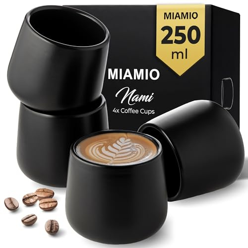 MIAMIO - Set di 4 tazze in ceramica (250 ml) / Tazze in ceramica senza manico/Tazze da caffè, tazze da cappuccino (Nero)