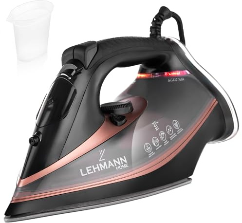 LEHMANN Fer à Repasser Vapeur, 3000 W, jusqu'à 45 g/min de Vapeur Continue & Pressing 140 g, Repassage Vertical, Semelle Céramique, Réservoir d'eau 380 ml, Arrêt Automatique, Noir/Or rose