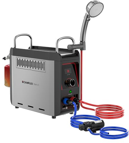 CAMPLUX Nano Gasvarmvattenberedare 3 L, Bärbar dusch med Vattenpump och Bärväska, 28-30 mbar, för Camping, Utomhusdusch och Husdjur, Nano 3