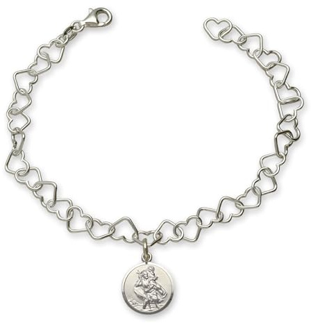 Christopher James of London | Solid 925 Sterling Silver St. Christopher Charm Bracelet for Women or Girls | Heart Link Bracelet 7 inch (17.7cm) | | St Christopher Travel Gift | Gift Box Included