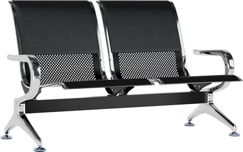 CLP Wartebank Airport mit Kunstlederbezug, Sitzbank mit Metallgestell in Chromoptik, robuste Wartestühle mit Rückenlehne, Farbe:schwarz/schwarz, Größe:2-Sitzer