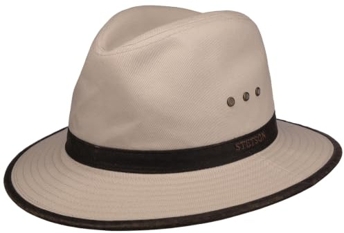 Stetson Chapeau Ava Coton Outdoor Homme - Outback en aventurier avec Bandeau Cuir, Passepoil Ete Printemps-ete - M (56-57 cm) Beige Clair