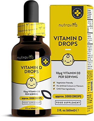 Gocce di Vitamina D 60ml per Neonati e Bambini – Sistema Immunitario Sano, Crescita Sana e Sviluppo Osseo nei Bambini – 400 UI / 10 mcg per Goccia (2000 gocce) – Senza zucchero – Nutravita