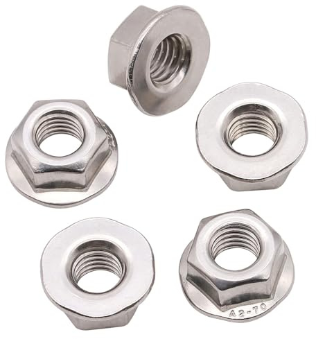 (50 PCS) M6-1.0 Hexagon Flange Nuts with Non-Serrated Flange Washer Head, 304 Stainless Steel, Hex Drive, Full Thread