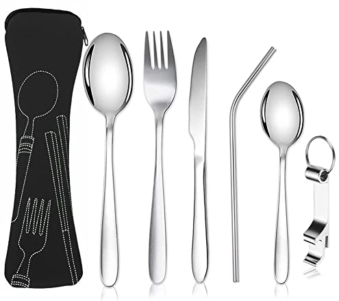 6-Stück Tragbares Campingbesteck Set,304 Edelstahl Bestecksets Essbesteck,Camping Besteck mit Gehören Messer,Gabel,Löffel,Flaschenöffner,Strohhalme Bestecktasche für Outdoor Reise Picknick Schwarz