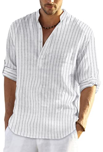 COOFANDY Camicia Casual da Uomo in Lino e Cotone con Collo Henley a Maniche Lunghe Strisce Bianche M