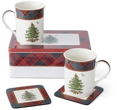 Spode Christmas Tree Tartan Mug & Coaster Set with Tin Box (5-Piece Set) - Festive Holiday Gift Set for Coffee Lovers - Elegant Porcelain Mugs & Cork-Backed Coasters - Dishwasher & Microwave Safe