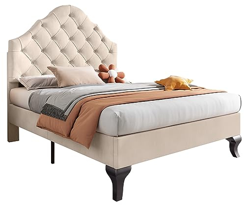 Azkoeesy Polsterbett mit Lattenrost, mit Kopfteil in Kronenform, für Kinder, Mädchen, Jugendliche, Bezug aus Samt, 90x200 cm, Beige