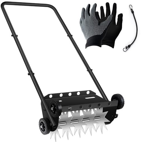 18-Inch Push Lawn Aerator with 4 Wheels,Push Spike Aerator,Heavy Duty Rolling Manual Yard Aerator Lawn Tool with 45inch Handle,Suitable for Lawn Garden Yard Grass Maintenance