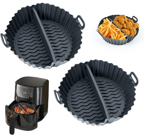 mongtsamz Moule Silicone Air Fryer, 2 Pièces Rond Accessoires Air Fryer Réutilisable Moule Air Fryer Plat Silicone Air Fryer pour Air Fryer Micro-ondes Four, Noir