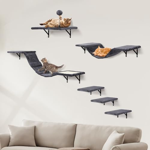 Katzen XXL Set - Katzenwand, Katzentreppe, Katzenbaum, Kratzbrett, Kratzbaum, Wandmöbel - 6-teiliges Katzen Wandelemente für Catwalk (Rauchgrau)