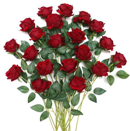 JUSTOYOU 20 PCS Burgundy Red Rose Artificial Flower,Silk Blooming Rose with Stem,Artificial Rose Bouquet Realistic Flower for Home Table Office Party Wedding Garden Arrangements(Burgundy rose)