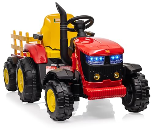 Tracteur Électrique Enfants avec Remorque Amovible Double Moteur 35W, Voiture Électrique 12V à 6 Pneus avec Télécommande, Musique, 3 Vitesses, Phares à 7 LED, Klaxon (Rouge)