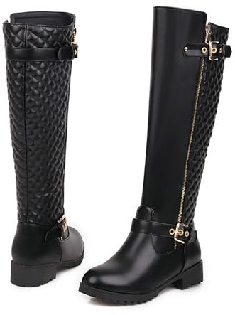 ENWIND Bottes d'équitation Hautes pour Femmes Bas Talon épais Bottes de Moto Plates Boucle Biker Bottines,Noir,40 EU