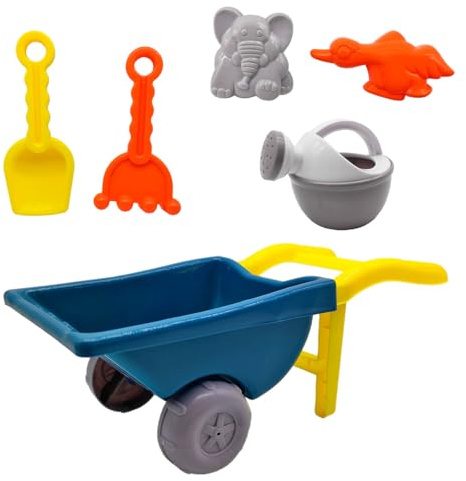 Tradineur - Carretilla de Playa con Pala, rastrillo, Mini regadera y moldes, Juguete de plástico, niños, Jugar en la Arena, Playa, Parque, 6 Piezas