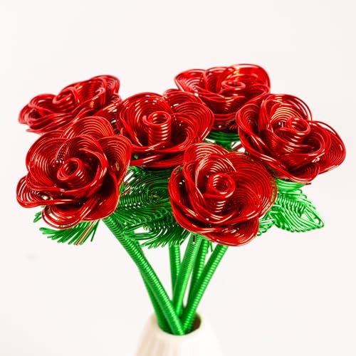 ZffXH Lot de 6 Petites Roses artificielles colorées métalliques en Fil d'aluminium - Roses métalliques durables pour Jardin, cimetière, fête des mères, Noël, Saint-Valentin