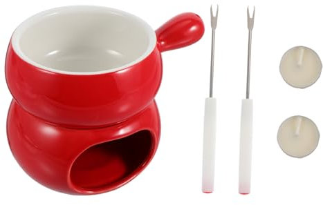 HOLIDYOYO Pot à Fondue Au Chocolat Céramique avec Manche Unique Résistant Et Facile à Nettoyer pour Melting De Fromage Et Chocolat à Domicile Fondue Créatif avec Socle Rouge Et Fourchettes