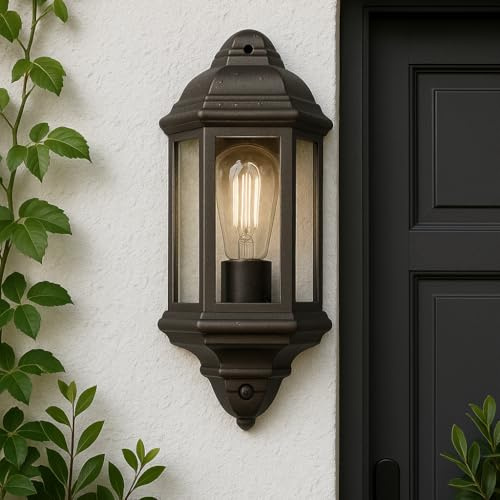 CGC Lighting Lanterna da esterno con sensore di movimento, nera, tradizionale, vintage (PIR da parete a mezza parete nera)