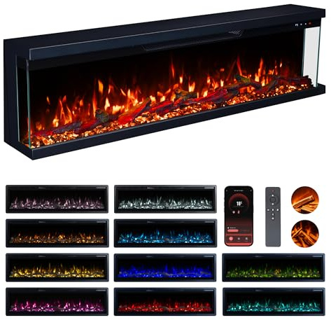 Valine Fires 3-Sided Panoramic Electric Freestanding Fireplace Heater 60/152cm – Wall-Mounted, Media Wall Electric Fire, 15 LED Colours, Crackling Sound, Wifi/Alexa/App/Remote 900W/1800W Heat Control
